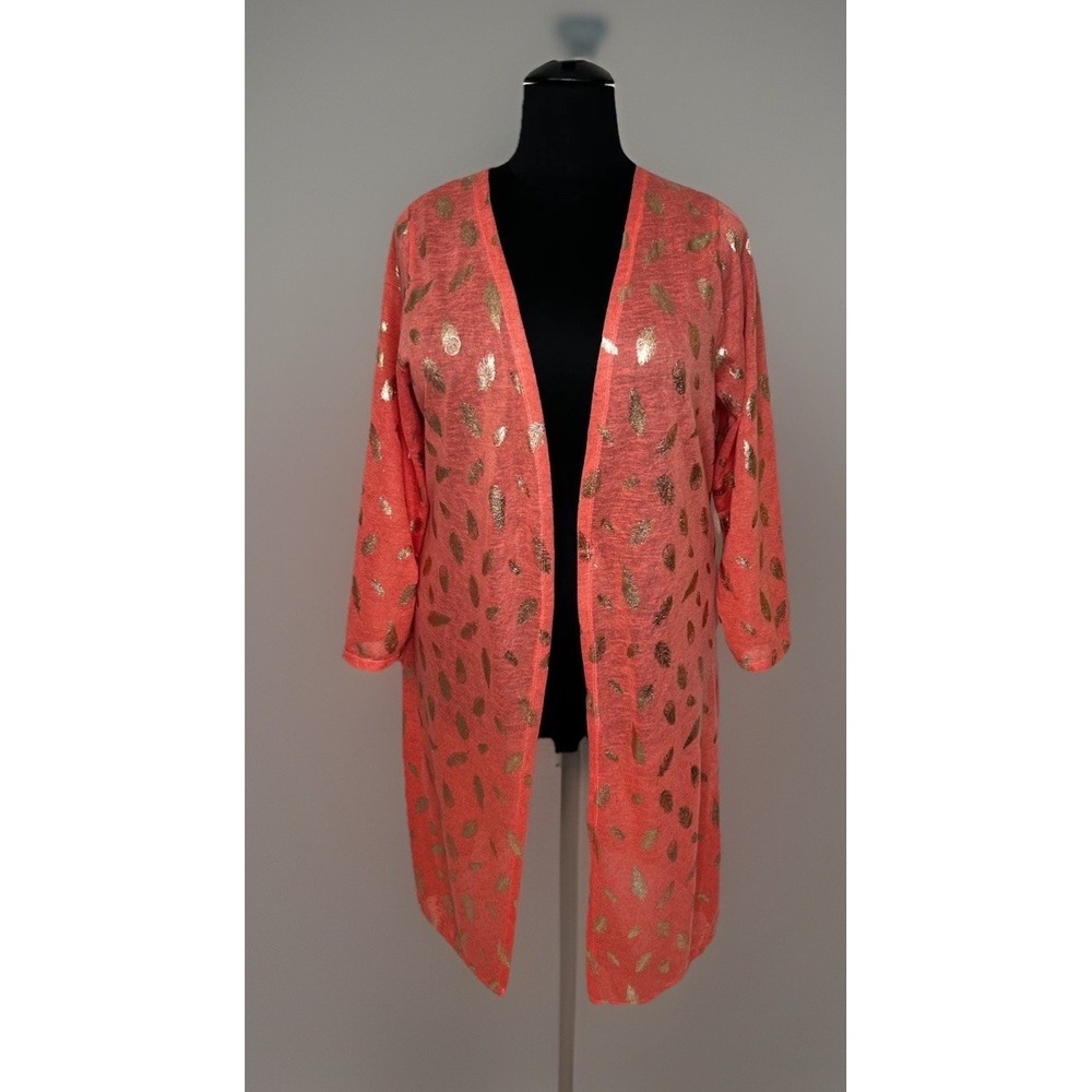Rouge Collection Plus Sz 4x Orange With Gold Foil Feathers Duster Cardigan Lovel